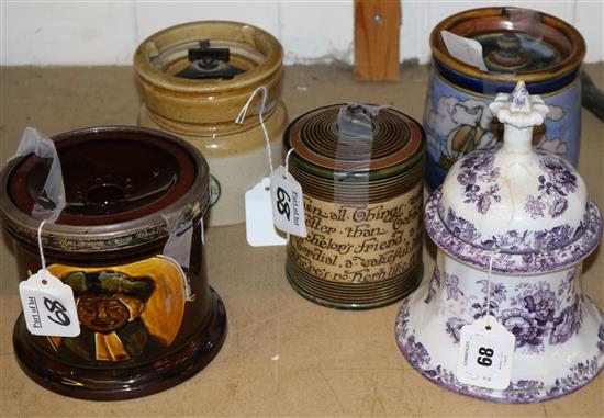 Doulton Parson Brown presentation tobacco jar, silver-mounted and four other pottery jars (faults)